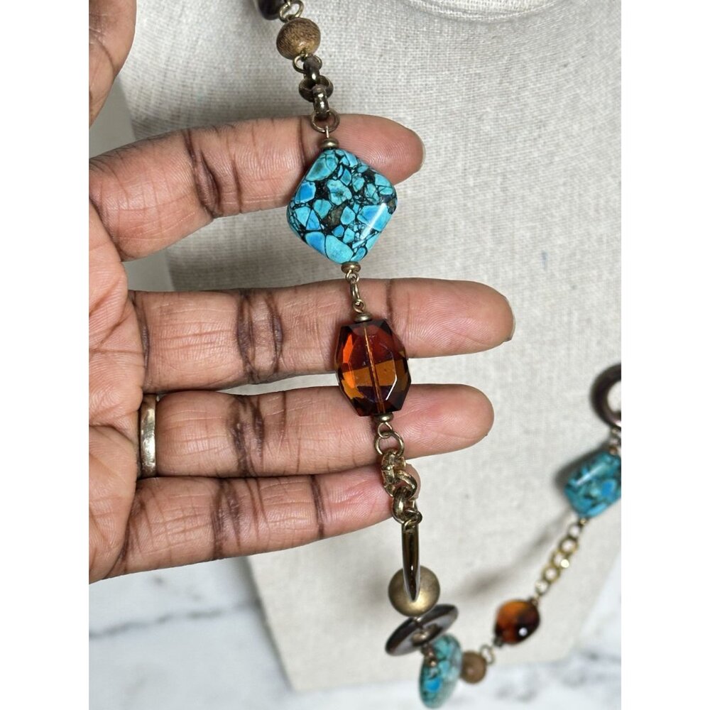Boho Statement Necklace Turquoise Look Amber Beads Long Chain Vintage 27" - Picture 3 of 8